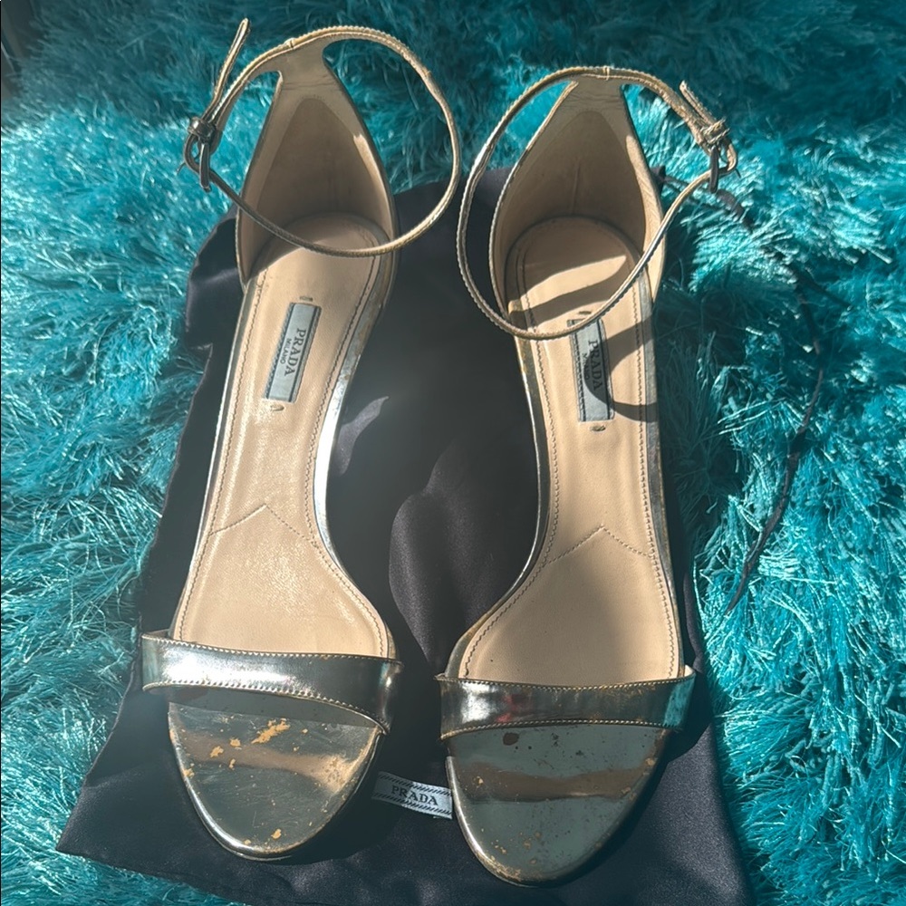 Prada Silver Ankle Strap Heels